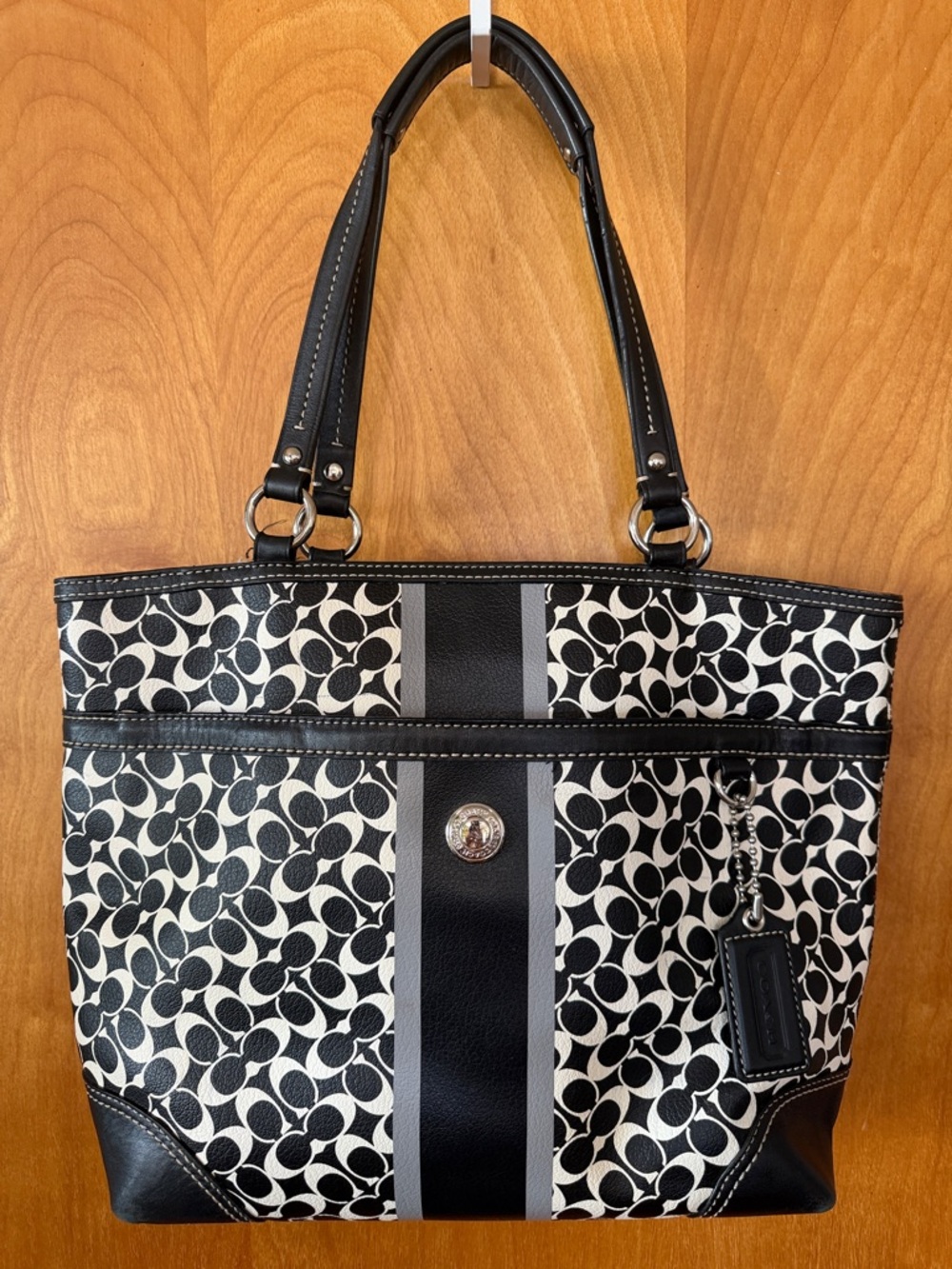 Coach Black & White Signature Tote Bag with Stripe Detail